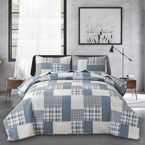 Jessy Home Patchwork Bedspread Queen/Full Size Gray White Blue Plaid Quilt Microfiber Coverlet