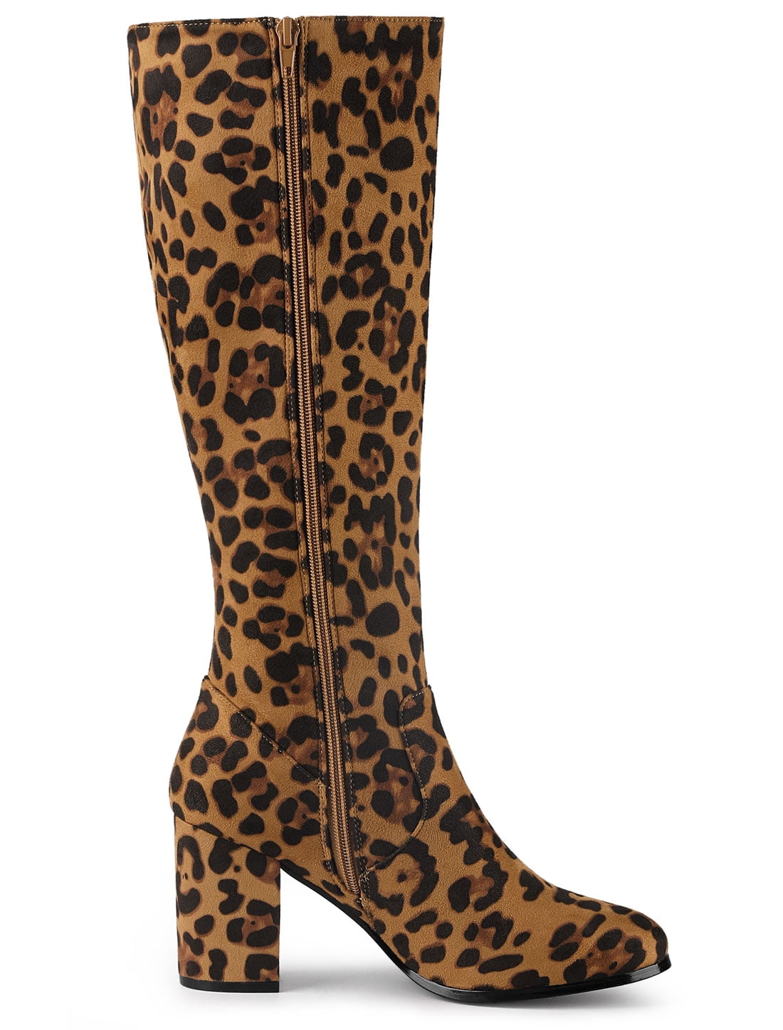DARING DIVA Women's Stylish Side Zipper Chunky Heel Knee High Boots Leopard 9