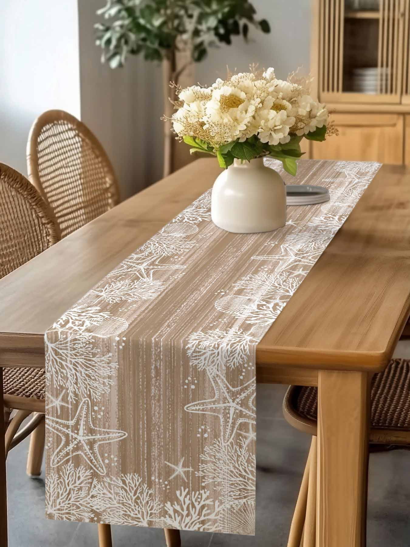Sea Stars Table Runner, Summer Beach Sea Star Coral Brown Texture Washable Cotton-linen Table Runners Dining Kitchen Decoration for Everyday Home Wedding Party Decor, 13 x 120 Inch