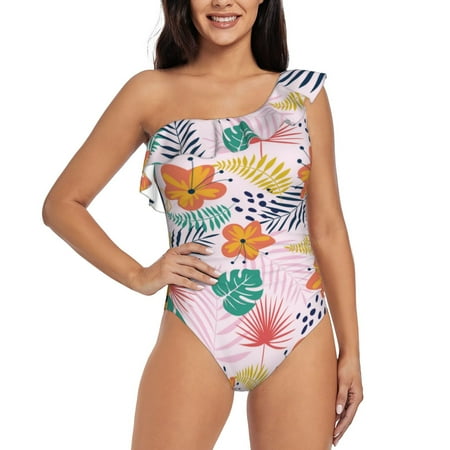 Tebeau Tropical Plants Print Women s One Piece Swimsuits One Shoulder Swimwear Asymmetric Ruffle Monokinis Bathing Suits-XX-Large