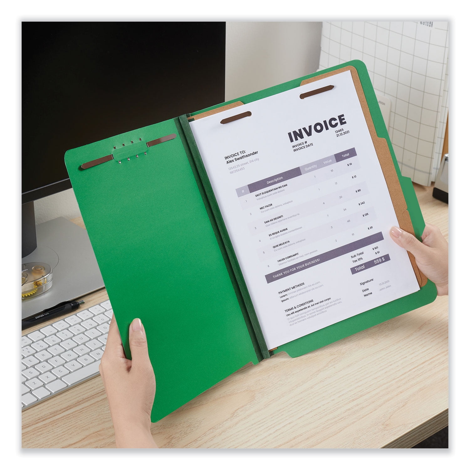 Universal Bright Colored Pressboard Classification Folders, 2 Dividers, Letter Size, Emerald Green
