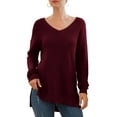 thumbnail image 4 of JWD Women's V-Neck Long Sleeve Side Split Loose Casual Knit Pullover Sweater Blouse Wine Red-Large, 4 of 5