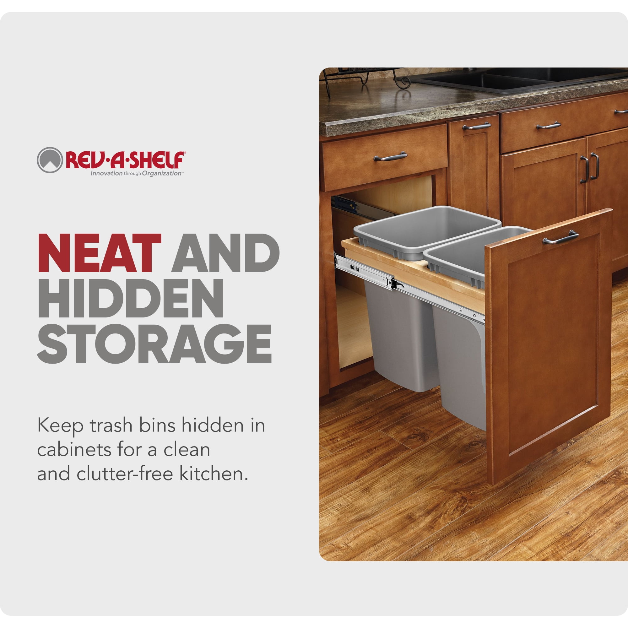 Rev-A-Shelf Double Pullout Top Mount Trash Can w/Soft Close, 27 Qt Silver, 4WCTM-15BBSCDM2