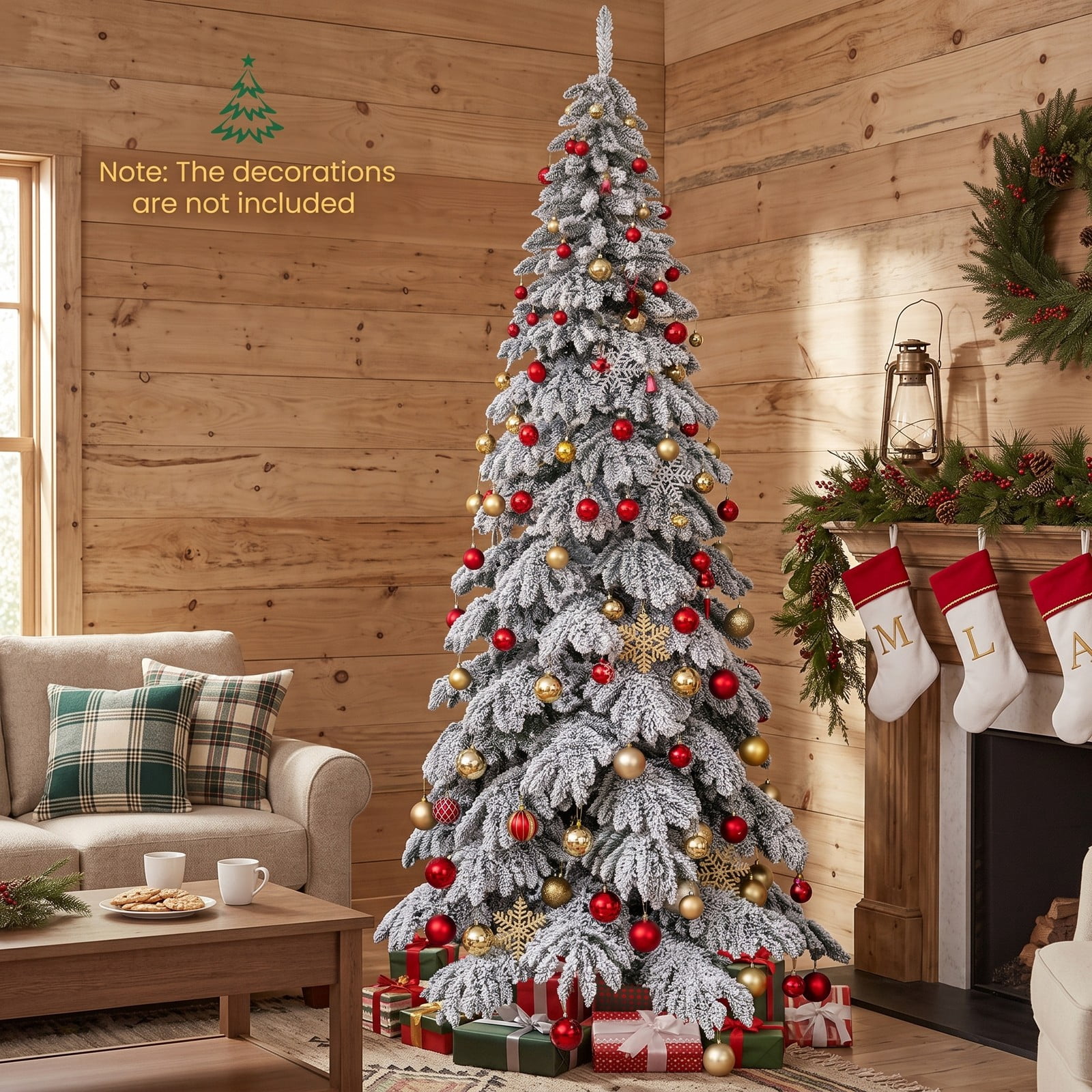 RUIE 9 FT Pre-Lit Artificial Christmas Tree, Snow Flocked Hinged Xmas Tree with 500 Warm White LED Lights, Quick Power Connectors and Foot Pedal Switch, Metal, White