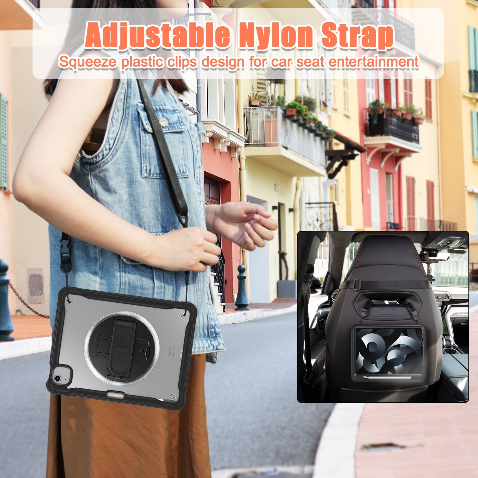 Allytech Rugged Case for Apple iPad Pro 11 2022/2021/2020/2018, iPad Air 4 5 Case, iPad Air 11" Case 2024, 360 Rotating Stand Clear Back Cover Shockproof Shoulder Strap with Pencil Holder, Black