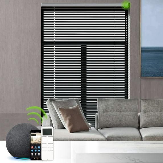 Yoolax Motorized Mini Venetian Blinds Cordless Smart Horizontal Blinds Remote Control Window Blinds(Black,44"W x 72"H)