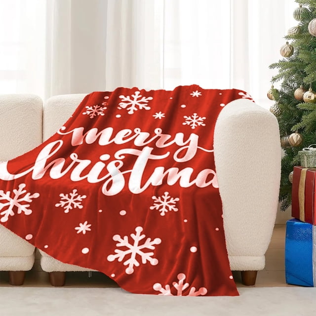 Christmas Snowflake Print Flannel Blanket | Double-Sided Red Holiday Throw with "Merry Christmas" Design | Soft & Warm for Bed, Sofa, Office | Festive Home Decor & Gift