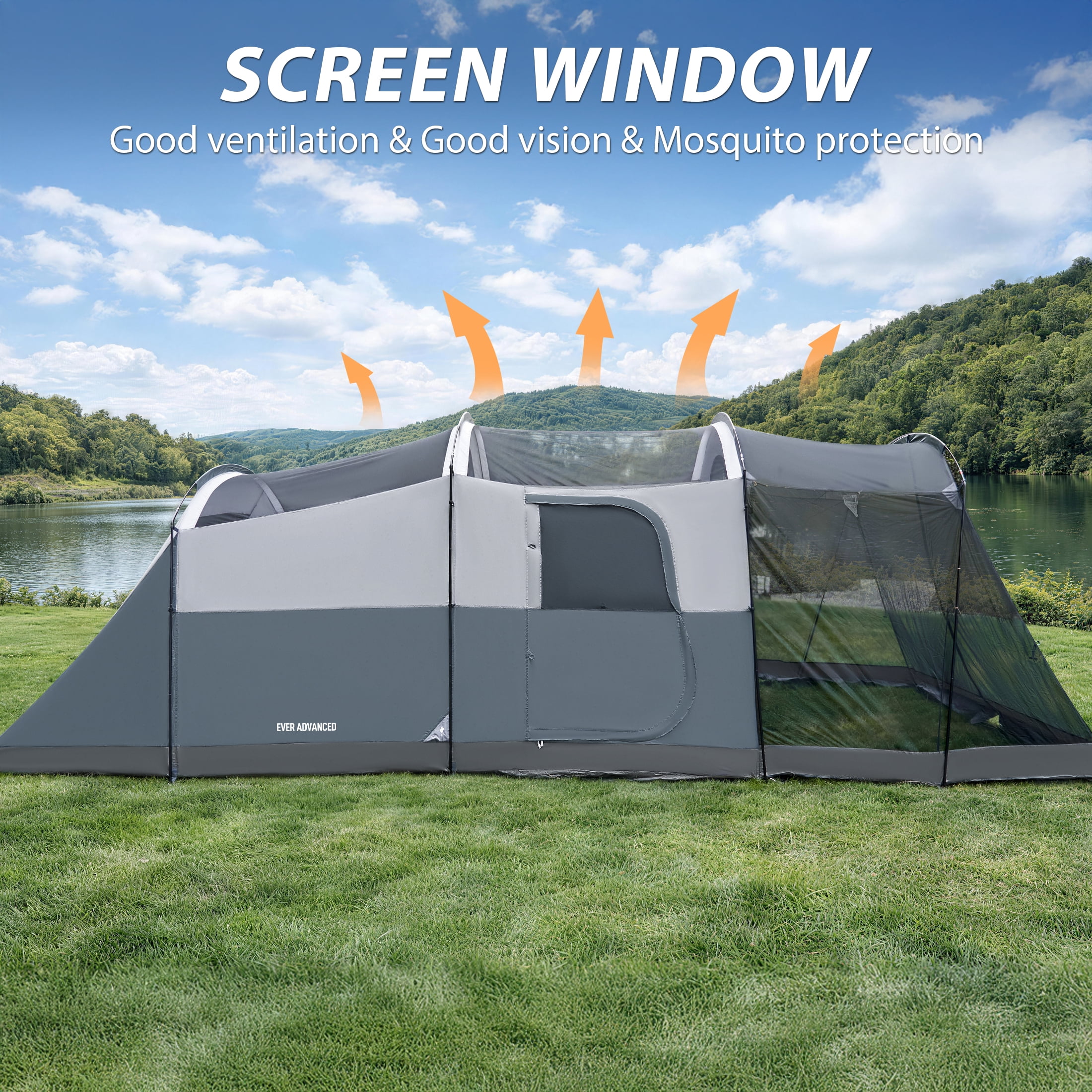 EVER ADVANCED 8 Person Family Camping Tent with Screen Porch, Portable Cabin Tent with Rainfly, Gray