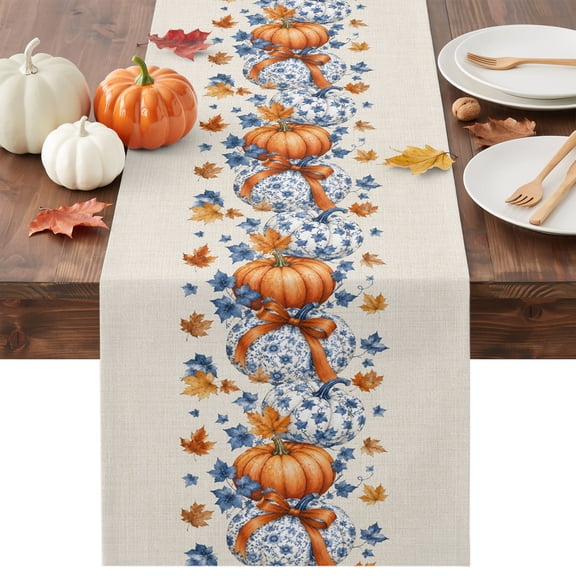 Fall Orange Blue Pumpkins Table Runner - 72 Inch Long Thanksgiving Autumn Leaf Beige Cotton and Linen Blended Dress Scarves Farmhouse Table Runner for Kitchen Dining, Coffee Table, 13" x 72"