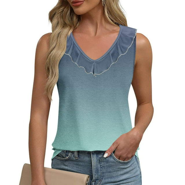 Sentmoon Débardeurs pour Femmes Été Col Rond Coupe Régulière Tendance Tops pour Femmes 2025 Boho Grand Bretelle Volants Dégradé Sans Manches T-Shirts Chemises Décontractées pour Vacances à la Plage Marine m
