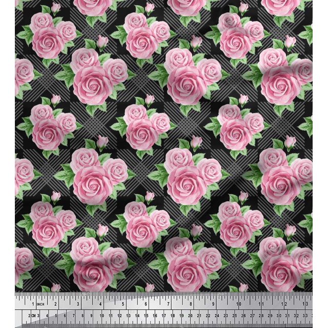 Soimoi Velvet Fabric Check,Leaves & Rose Floral Printed Craft Fabric by The Yard 58 Inch Wide
