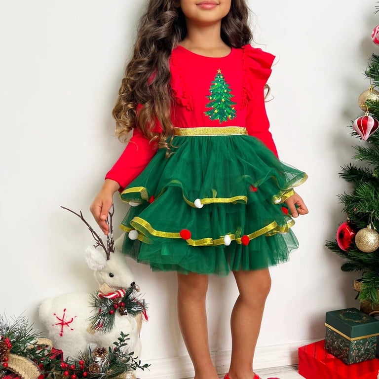Mercatoo Kids Girls Christmas Dress Xmas Ruffle Long Sleeve High Waist Sequin Layered Tutu Tulle Dress Toddler Tree Dresses