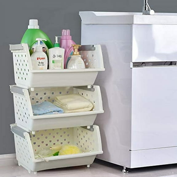 Fiaze 3-Pack White Plastic Kitchen Stackable Storage Baskets, Stackable Storage Bins Open Front for Pantry