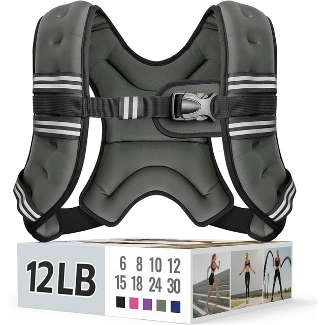 TEMOGU-Weighted Vest for Women & Men with Reflective Stripe and Adjustable Buckle, Comfortable & Durable Rucking Vest for Walking, Running & Strength Training, 12LBS-Gray