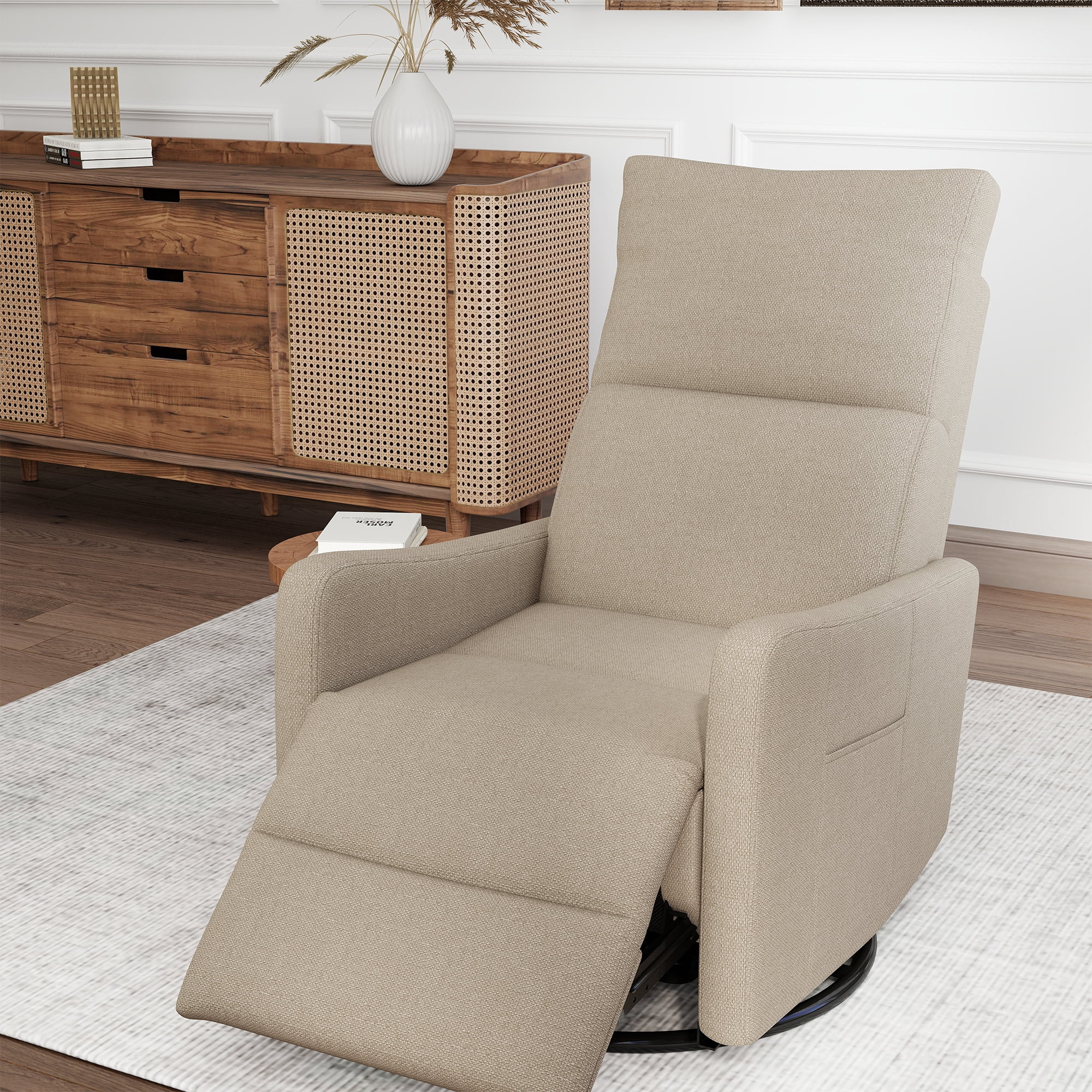 Leumius Swivel Recliner Chair,270° Swivel Rocker Chair for Adults,Small Rocking Recliner for Small Spaces, Upholstered Fabric Glider Recliner Nursery,Living Room Chair,Theater SeatingBrown