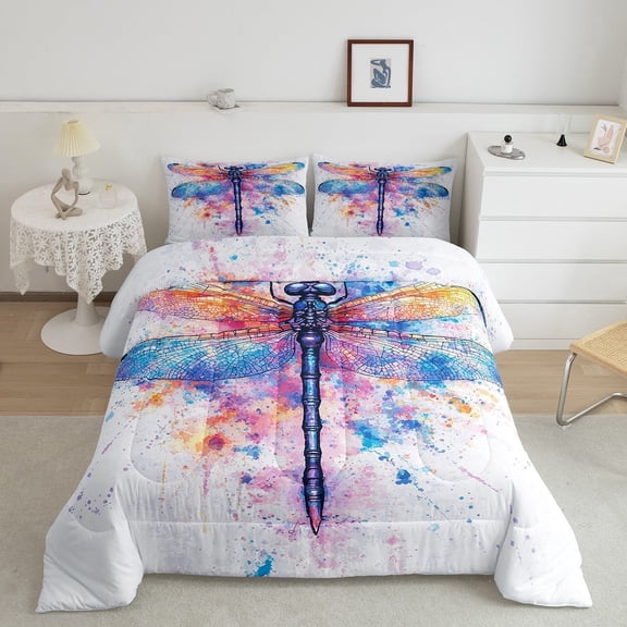 Colorful Dragonfly Comforter Set Full Size 3 Pcs,Watercolor Tie Dye Graffiti Print Decor Bedding Set Teens Adults,Natural Wild Creature Simple Style Comforter Duvet Set with 2 Pillowcases