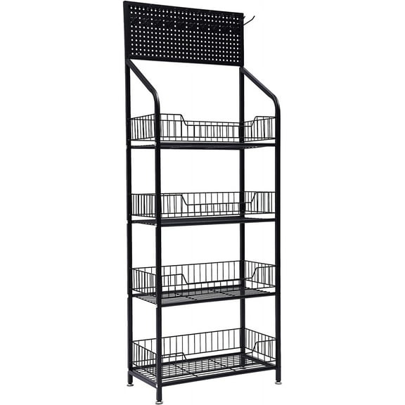 Retail Display Rack 4 Tier Stand Storage Shelf 4 Universal Wheel and 5 Hooks Fruit Vegetable Snack Display Organizer Concession Stand for Supermarket Grocery Store Home
