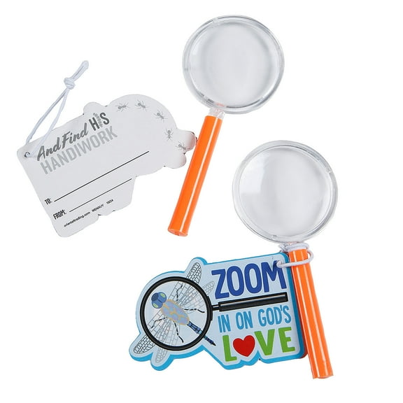 Fun Express 24 Pieces 4 1/4" Zoom In VBS Plastic Multicolor Magnifying Glasses with Card for 12, Vacation Bible School Supplies
