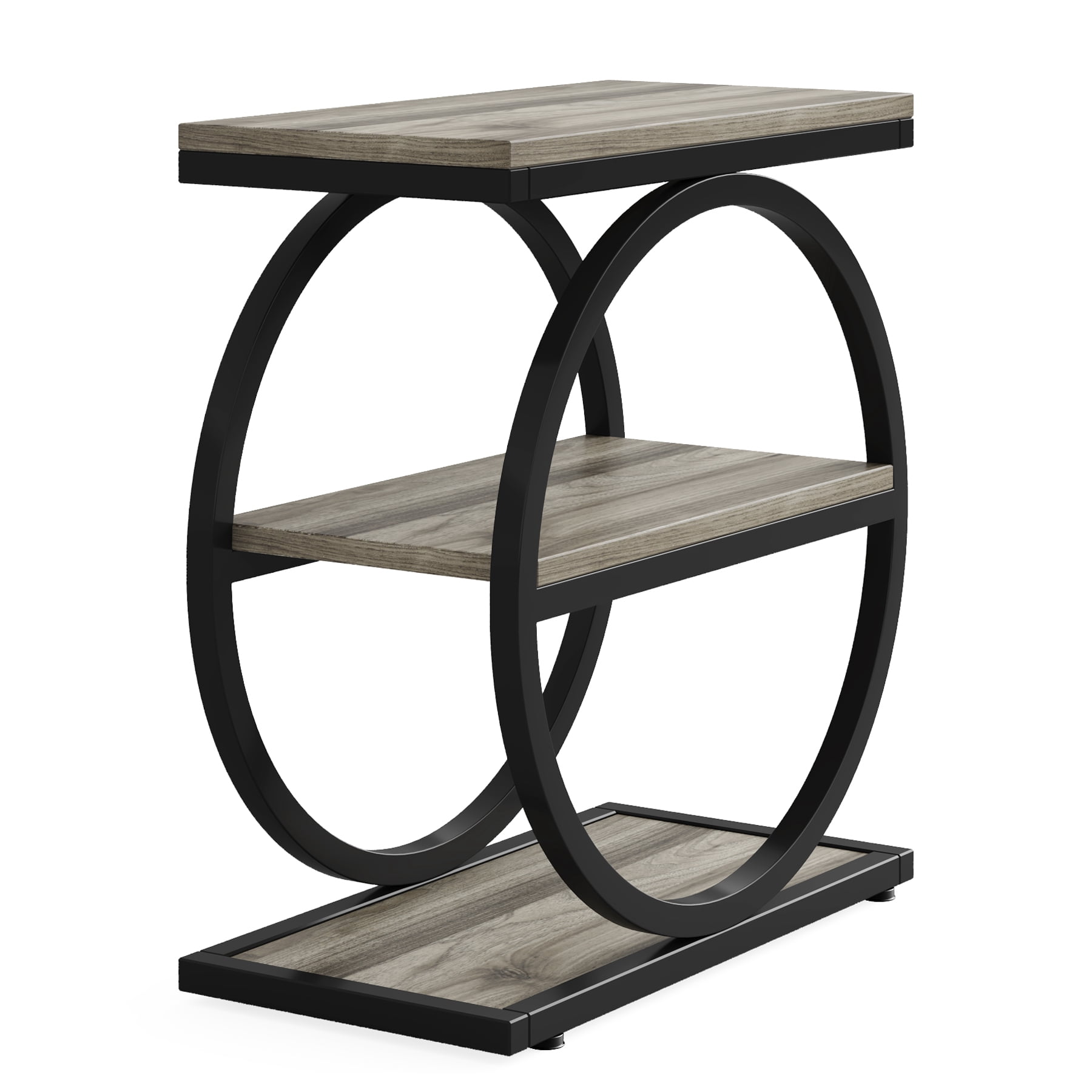 MAYEERTY 3-Tier Industrial End Table, Round Thick Metal Frame E1 MDF Storage Side Table, Multi-Purpose Sofa Nightstand for Indoor Outdoor
