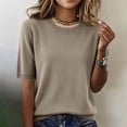 thumbnail image 2 of Short Sleeve Shirts for Women Knitted Crewneck Business Casual Basic Shirts Plain Elagant Loose Fit Knitted Sweater Khaki 2XL, 2 of 7