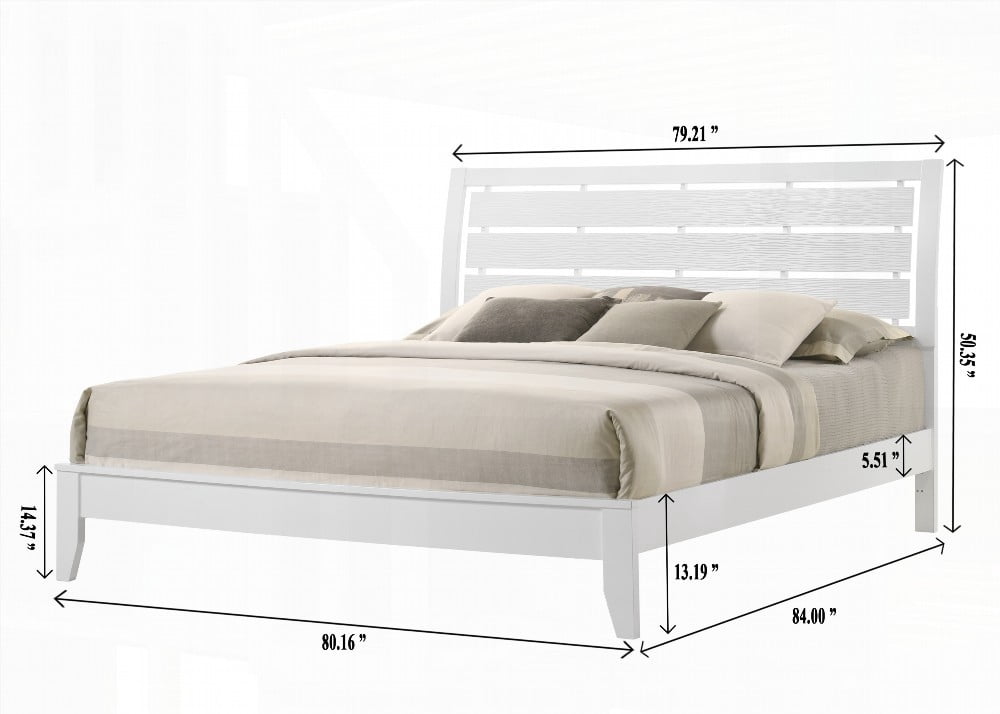 King Size Wooden Platform Bed Frame with Geometric Design, White Finish, for Bedroom