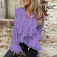 thumbnail image 4 of Lenpel Women's Chiffon Tops Bell Long Sleeve Tie Front Collared Ruffle Trim Layered Button down Shirts Dressy Casual Blouses(Purple,Medium), 4 of 5