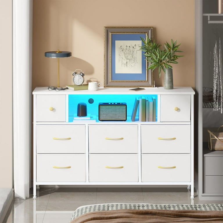 Fairy Dresser, White 55" TV Stand with 8 Drawers, LED & Power Outlets for Bedroom, Living Room, Entryway