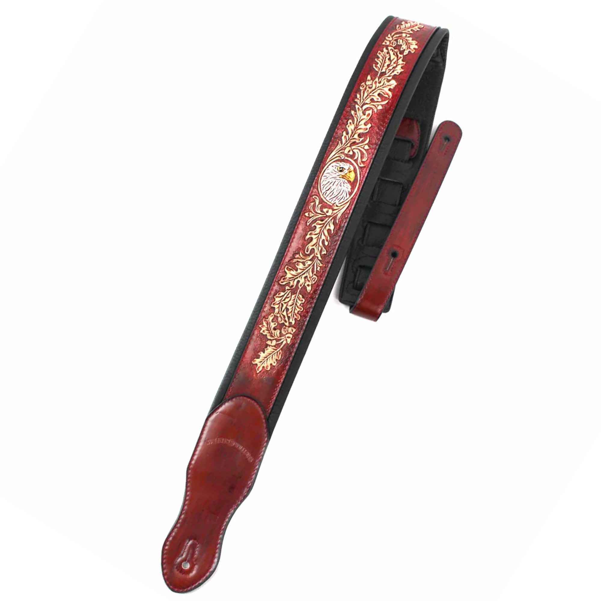 Walker & Williams KB-03-RB Mahogany Brown Full Grain Center Block Carving Leather Padded Guitar Strap With American Eagle & Oak Leaves