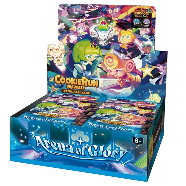 CookieRun Braverse TCG: Arena of Glory Booster Box with 28 packs, featuring colorful cookie characters like Capsaicin Cookie and Kouign-Amann Cookie in vibrant packaging. Perfect for kids and family card game enthusiasts, it includes 321 regular cards, 84 hidden cards, and exclusive box toppers such as game currency redemption cards and promo packs.