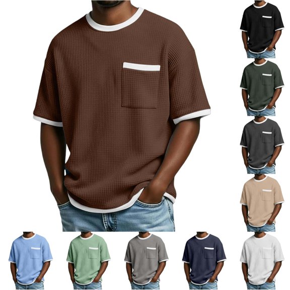 CUSTG Men Tshirts Summer Knit Pocket Tee For Breathable Casual Short Sleeve Blend Shirt With Front Chest Pocket Classic Solid Color Tops