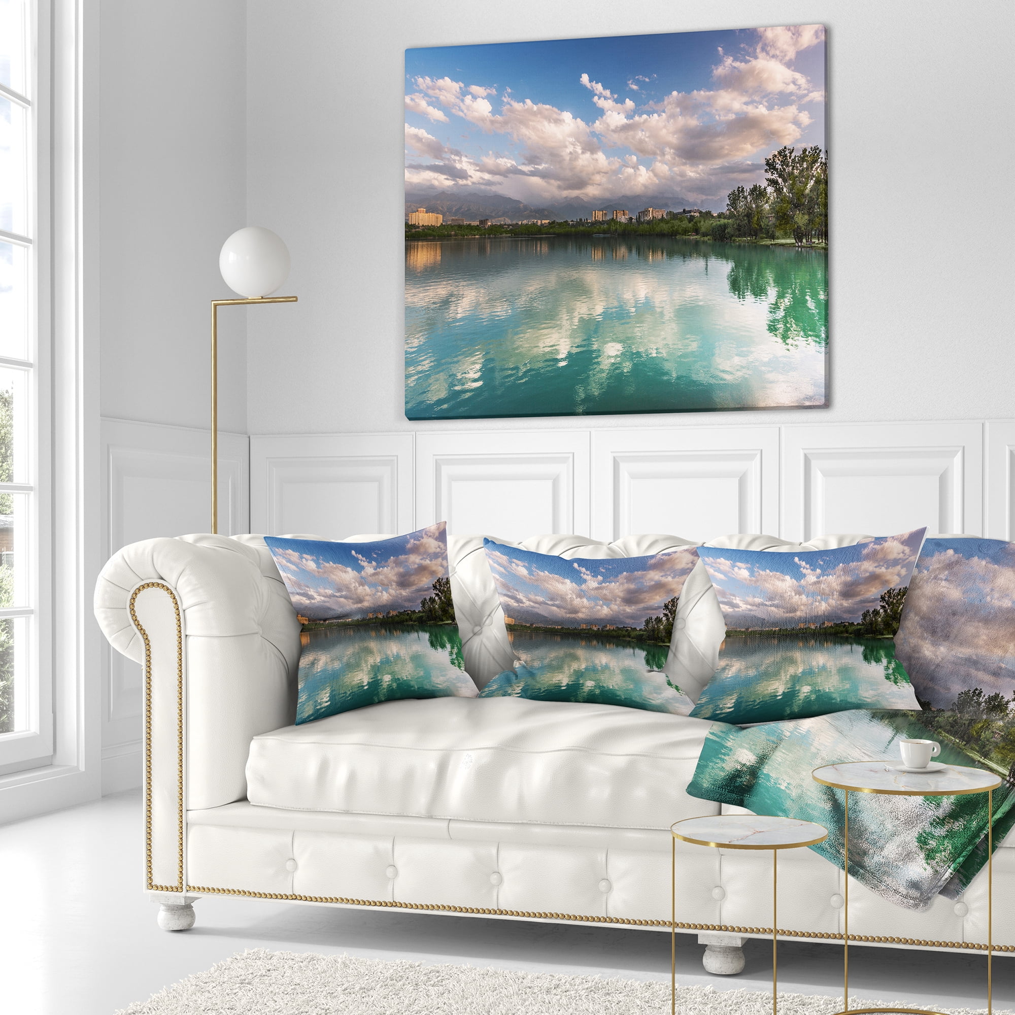 Designart City Lake with Cloud Reflection - Cityscape Photo Throw Pillow - 16x16
