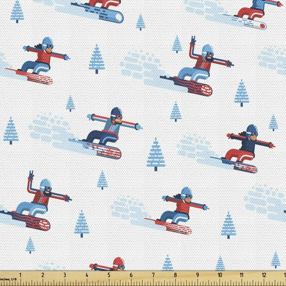 Ambesonne Ski Pattern Fabric by the Yard Upholstery, Winter Snowboarders, 5 Yards, Blue Vermilion White