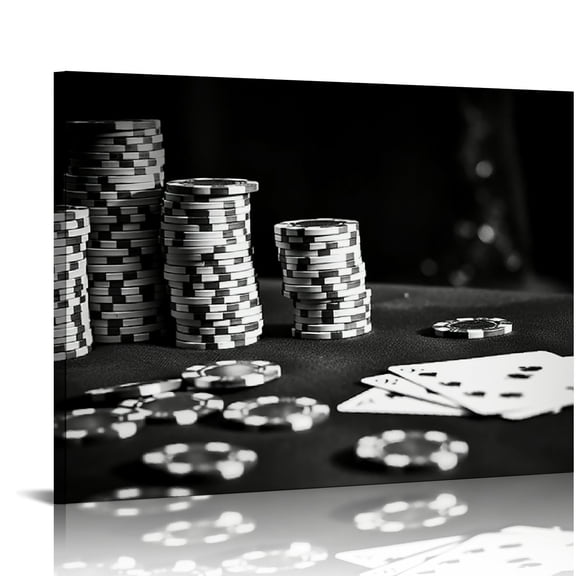Acheng Black and White Canvas Art Poker Cards with Chips Picture Painting Poster for Pub Bar Casino Wall Decoration Modern Home Decor Ready to Hang (Small) 20x16in