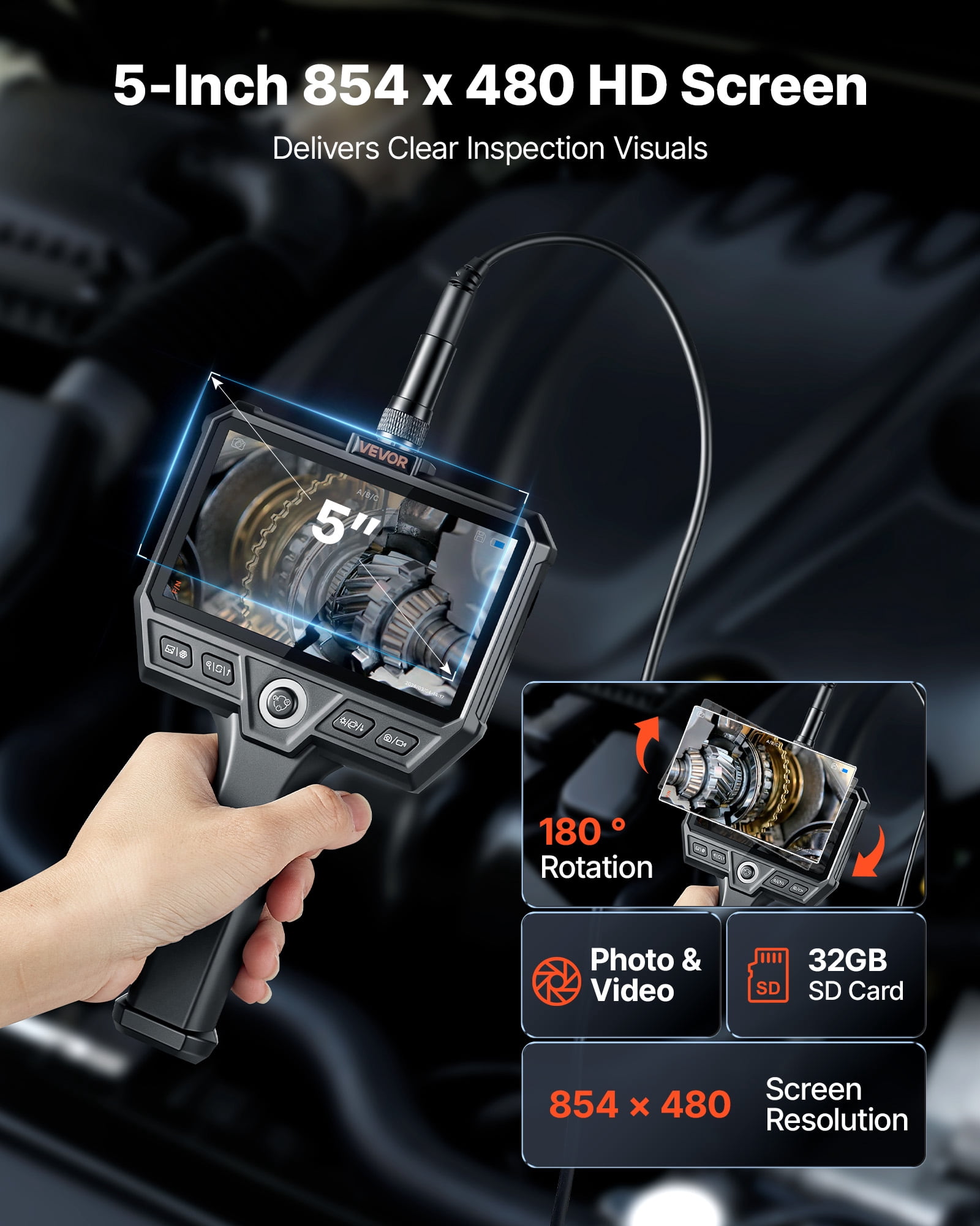 VEVOR Triple Lens Endoscope with 32.8FT Newly Ultra-Rigid Cable, Industrial Borescope with Light, 5" HD IPS Screen, 8 + 2 Lights, 8X Zoom, 5000mAh, IP67 Waterproof Snake Camera for Auto, Plumbing