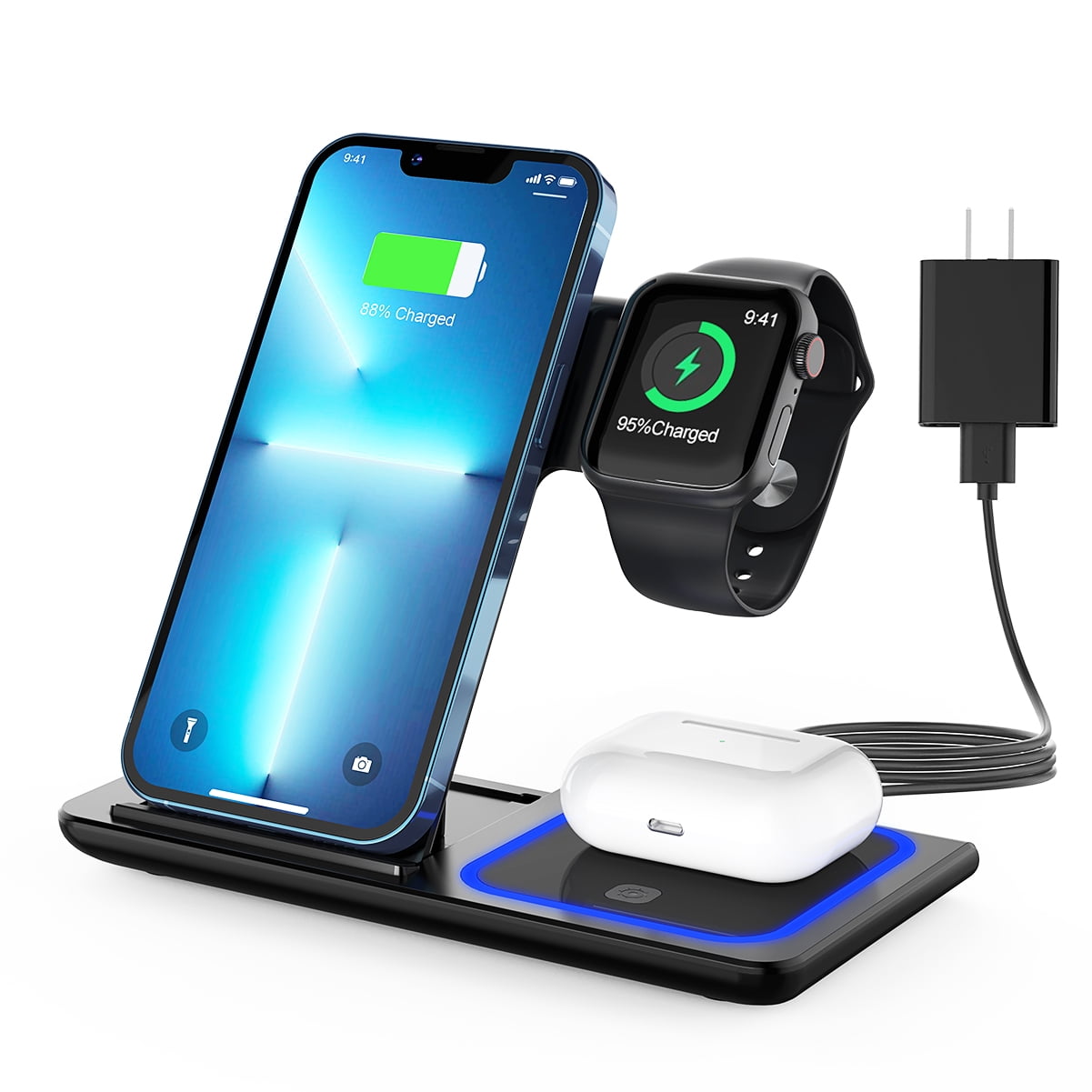 Charging Station for Multiple Devices Wood USB Docking Station for Apple Watch/iPhone/Airpods/Android 4 USB Port 1 Qi Wireless Charging Pad GPED 5 in1 Fast Charging Station Organizer 