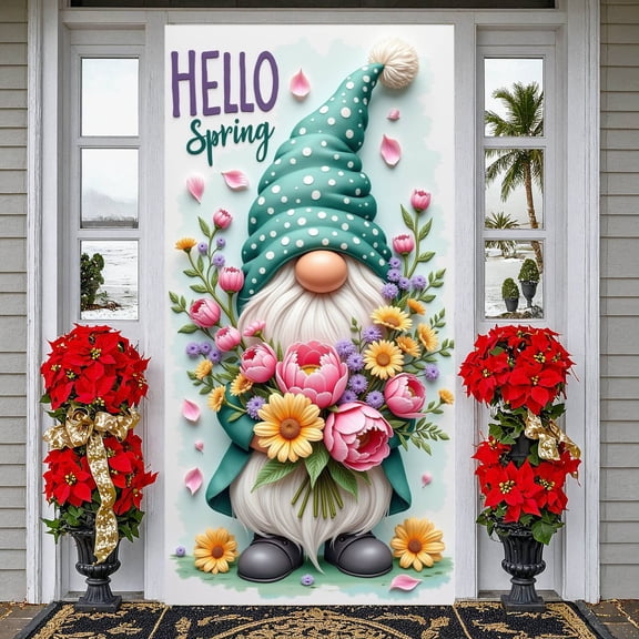 Green Polka Dot Spring Banner White Bearded Spring Display Pink Peony Yellow Daisy Floral Backdrop for Spring Party Garden Decoration Outdoor Event
