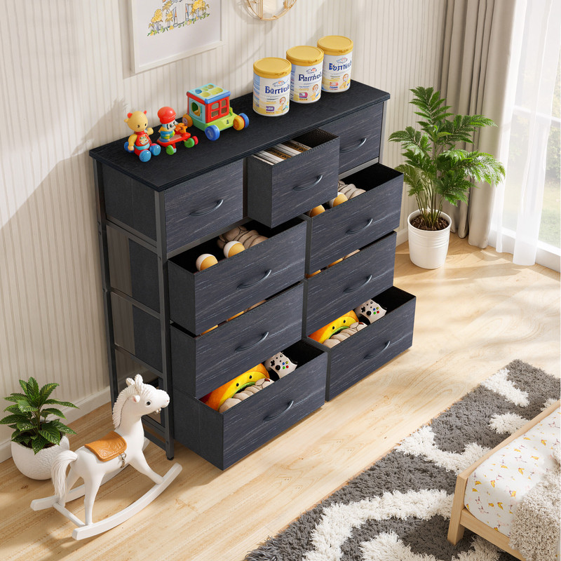 9 Drawers Dresser, Storage Dresser Organizer with Drawers, Chest of Drawers, Dresser with Metal Frame and Wood Tabletop for Bedroom, Guest Room, Closet, Entryway, Nursery, Black