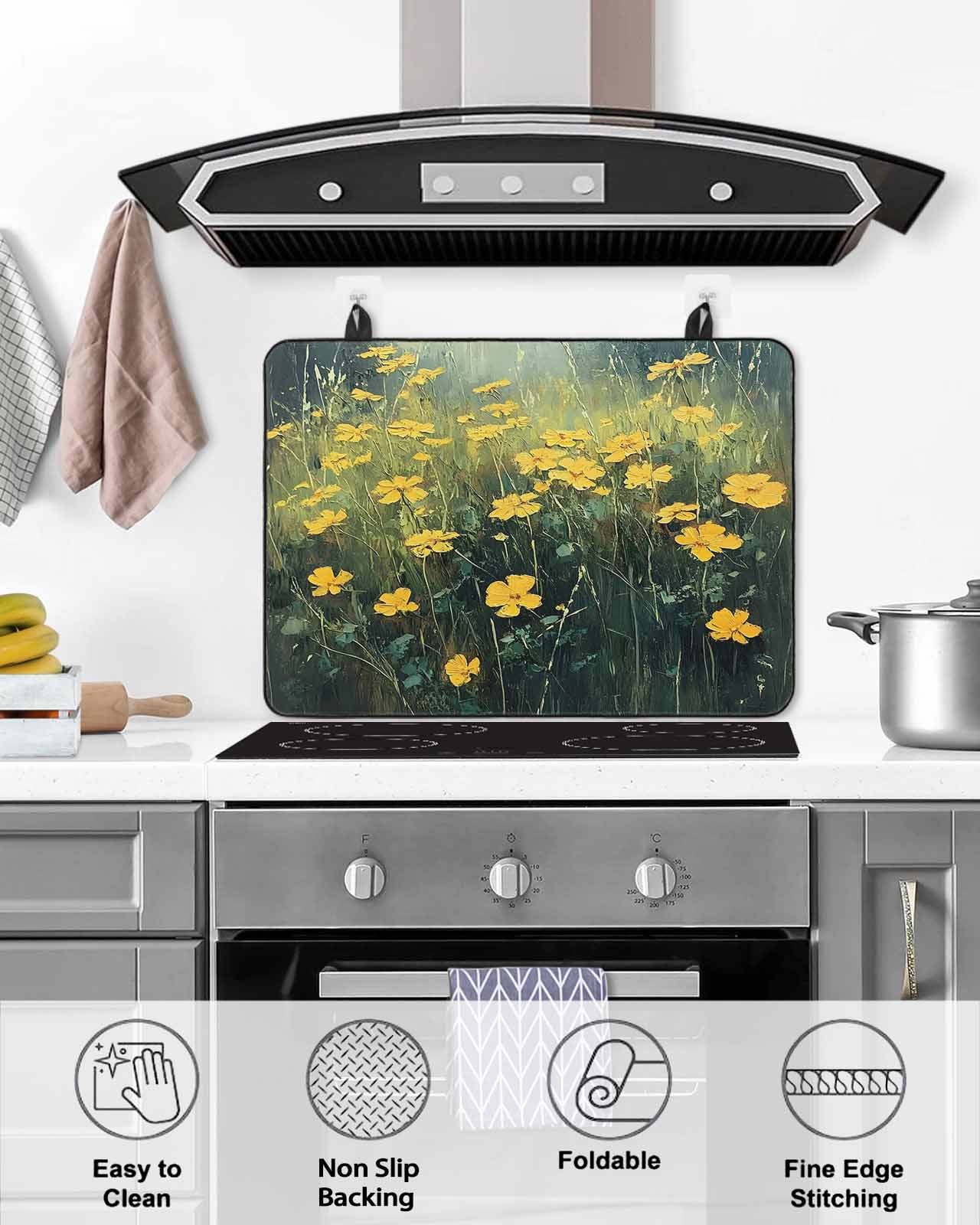 nqOlkjepod Large Induction Cooktop Protector Mat 36"x21", Yellow Spring Floral Stove Top Covers for Electric Stove, Modern Oil Painting Summer Botanical Stove Burner Cover Mats Stove Cover