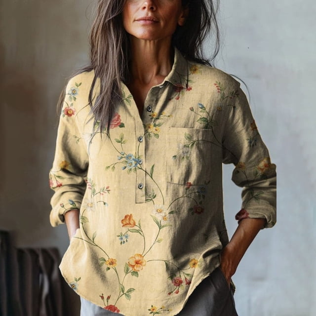 YLHFASHION Chemise en Coton Confortable à Manches Longues Décontractée pour Femmes à Imprimé Artistique Floral Rétro Rabais de 50 % Liquidation Chemises pour Femmes