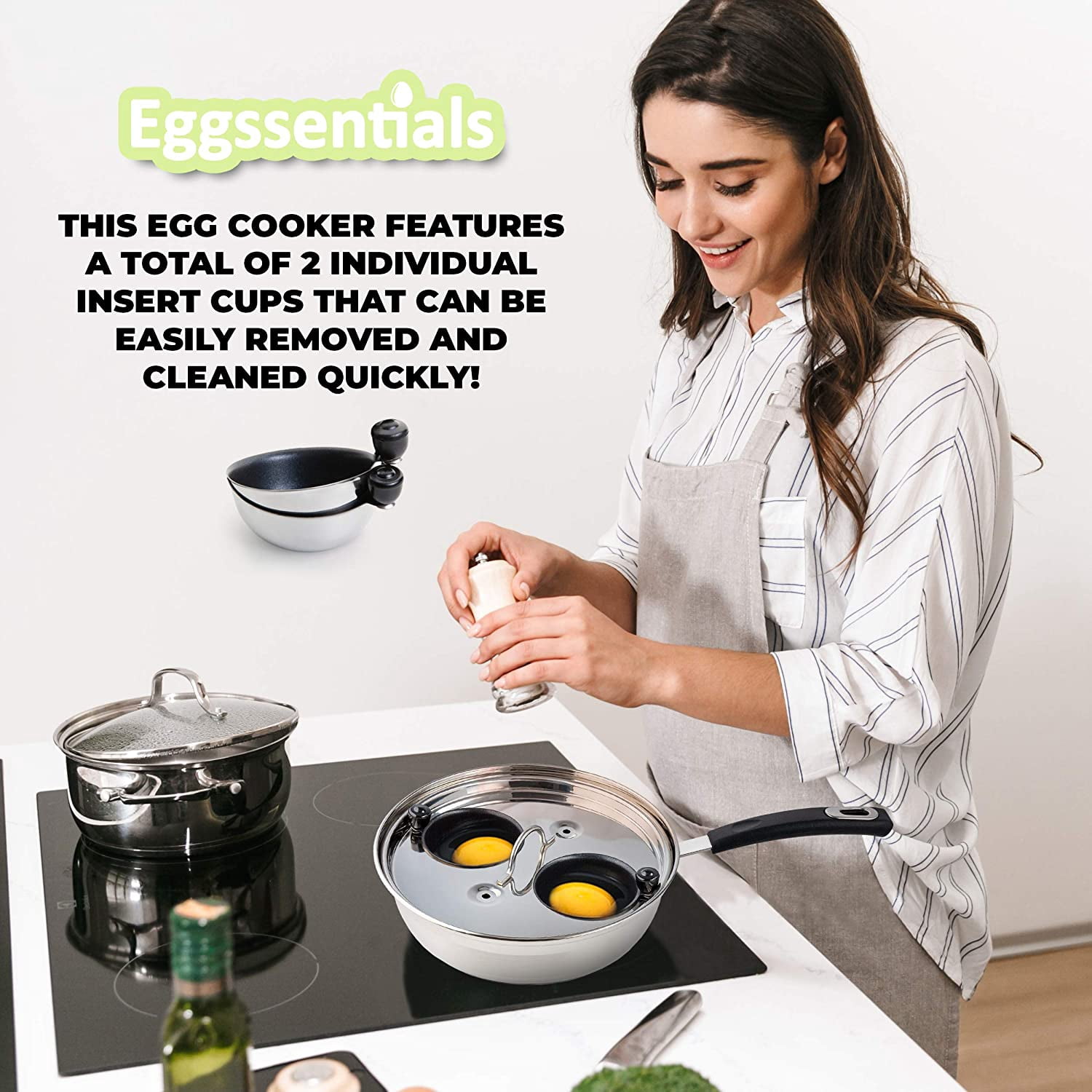 Egg Poacher Pan with Batter Dispenser - Nonstick Stainless Steel Cooker for Perfect Poached Eggs and Pancakes