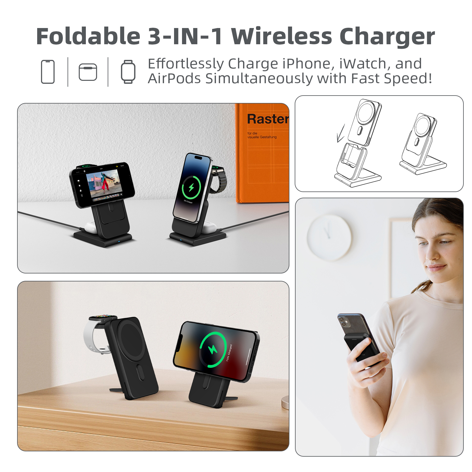 Smtcsl 3 in 1 Wireless Charging Station 10000mAh Power Bank MagSafe for iPhone, Apple Watch