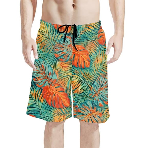 Binienty Men's Board Shorts Swim Trunks With Tropical Leaf Pattern - Quick Dry for Beach Surfing and Summer Vacation
