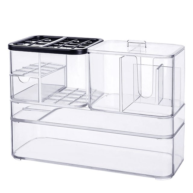 Caja de almacenamiento de cosméticos, organizador de maquillaje apilable con múltiples compartimentos transparentes para el cuidado de la piel, lápiz labial, hisopos de algodón