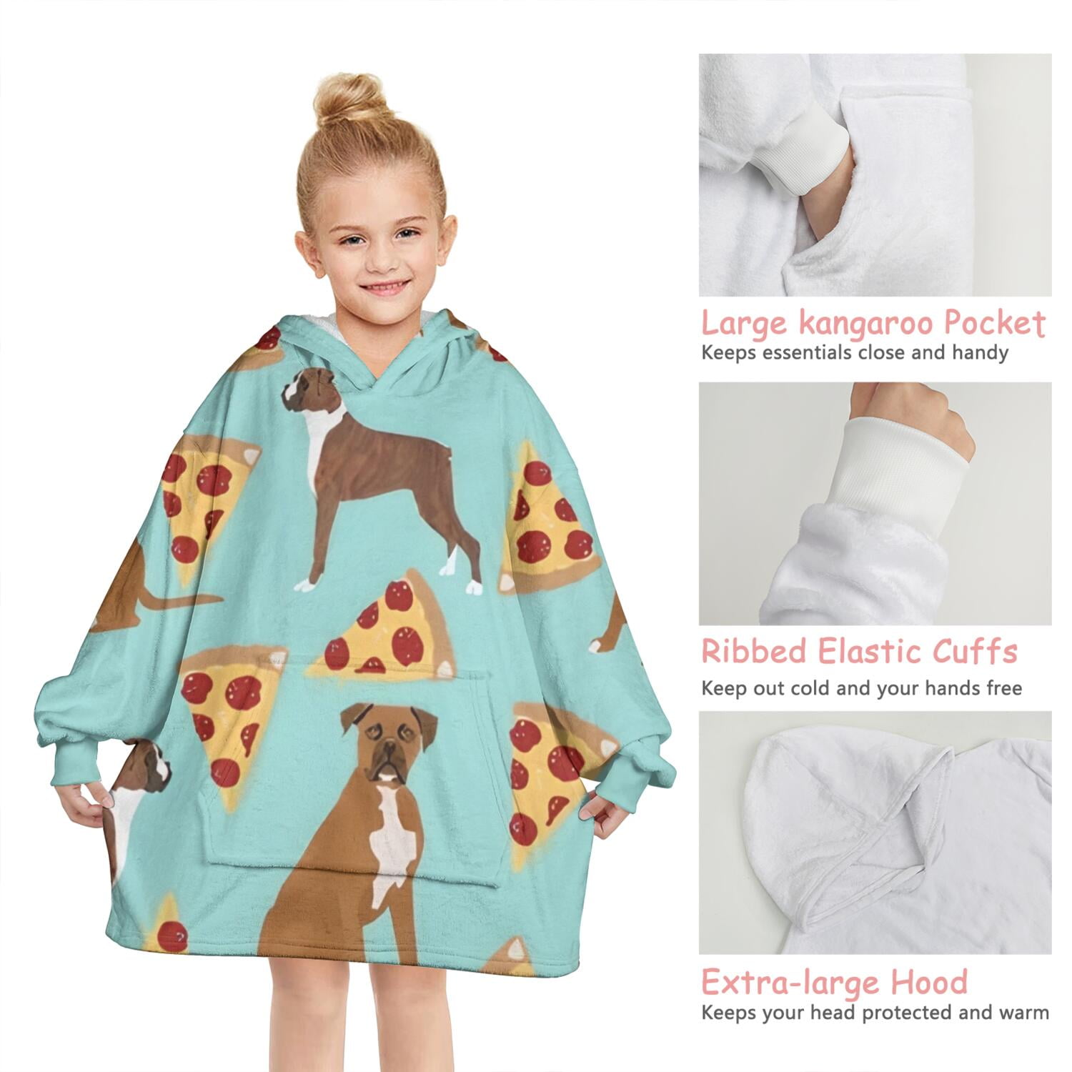 Boxer Dog Pitbull Terriers Dog and Pizza Blanket Hoodies for Kids 6-13YR Oversize Wearable Blanket Hoodies for Boys Girls Teens