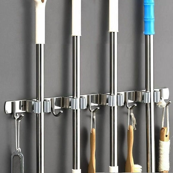 Broom Mop Holder Wall Mounted, Rustproof Corrosion-resistant Waterproof Tool Rack for Home Laundry Room Garden Garage Closet Kitchen (4 Hooks, 5 Positions)