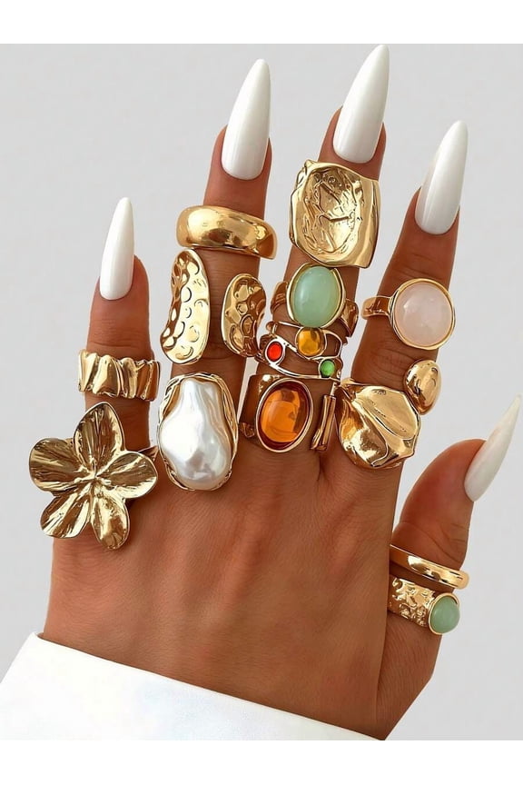 Gold Tone Vintage Bohemian Asymmetrical Geometric Pearl & Gemstone Flower Metal Ring Set For Stacking