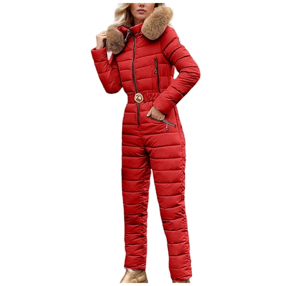 CAIXIA Snow Overalls For Women Korean Style Hooded Jumpsuit with Oversized Collar Slim Fit Insulated Winter Ski Suit for Women,Red