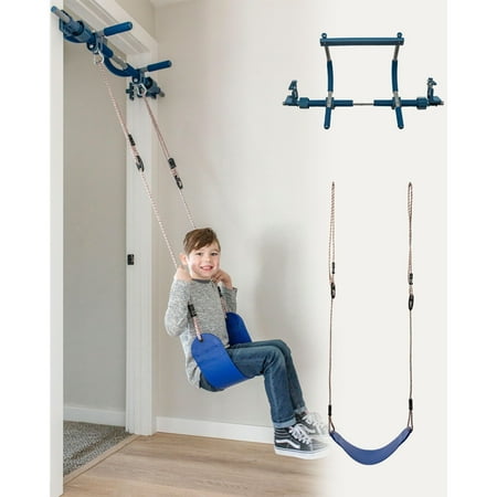 Gym 1 Deluxe Doorway Swing Set - All-in-One Indoor Gym and Playground for Kids and Adults - Two Attachments for Fun and Fitness Indoors: Pull-Up Bar and Plastic Swing - Color: Blue