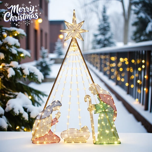 6ft Lighted Outdoor Christmas Decoration Nativity Scene Illuminated by Starlight, Pre-Lit Xmas Yard Decor for Lawn and Home Holiday Party with Warm White Lights, Zip Ties and Ground Stakes
