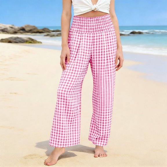 Nestiefly Girls Checkered Wide Leg Pants for Kids Palazzo Elastic High Waist Straight Trousers with Pockets Casual Loose Trendy Beach Vacation Trousers Pink 120